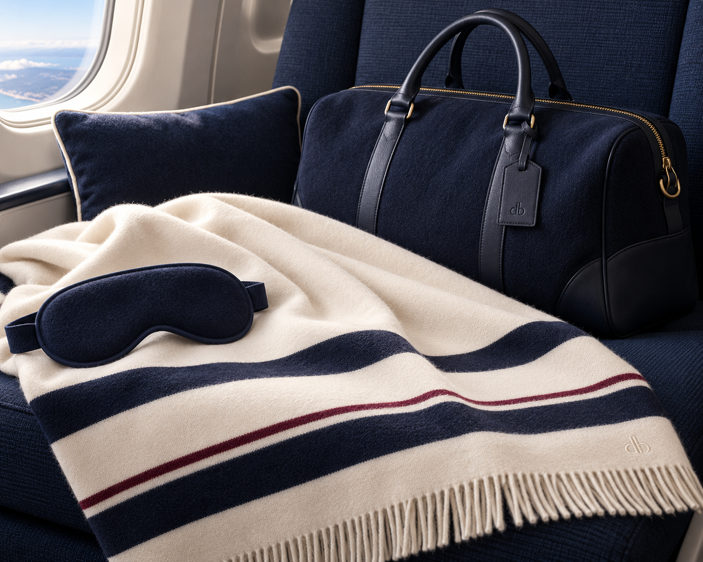 The Midnight Navy Travel Set: a navy holdall, a cream and navy striped throw, a navy cushion and an eye mask on an aircraft seat by the window