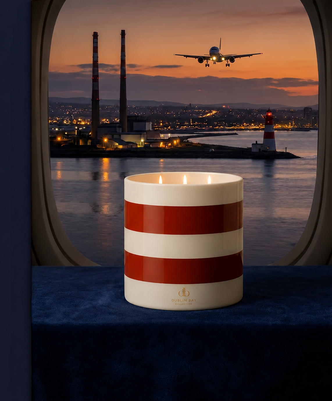 The Vessel, a red and cream striped three-wick candle, before a window over Dublin Bay at dusk