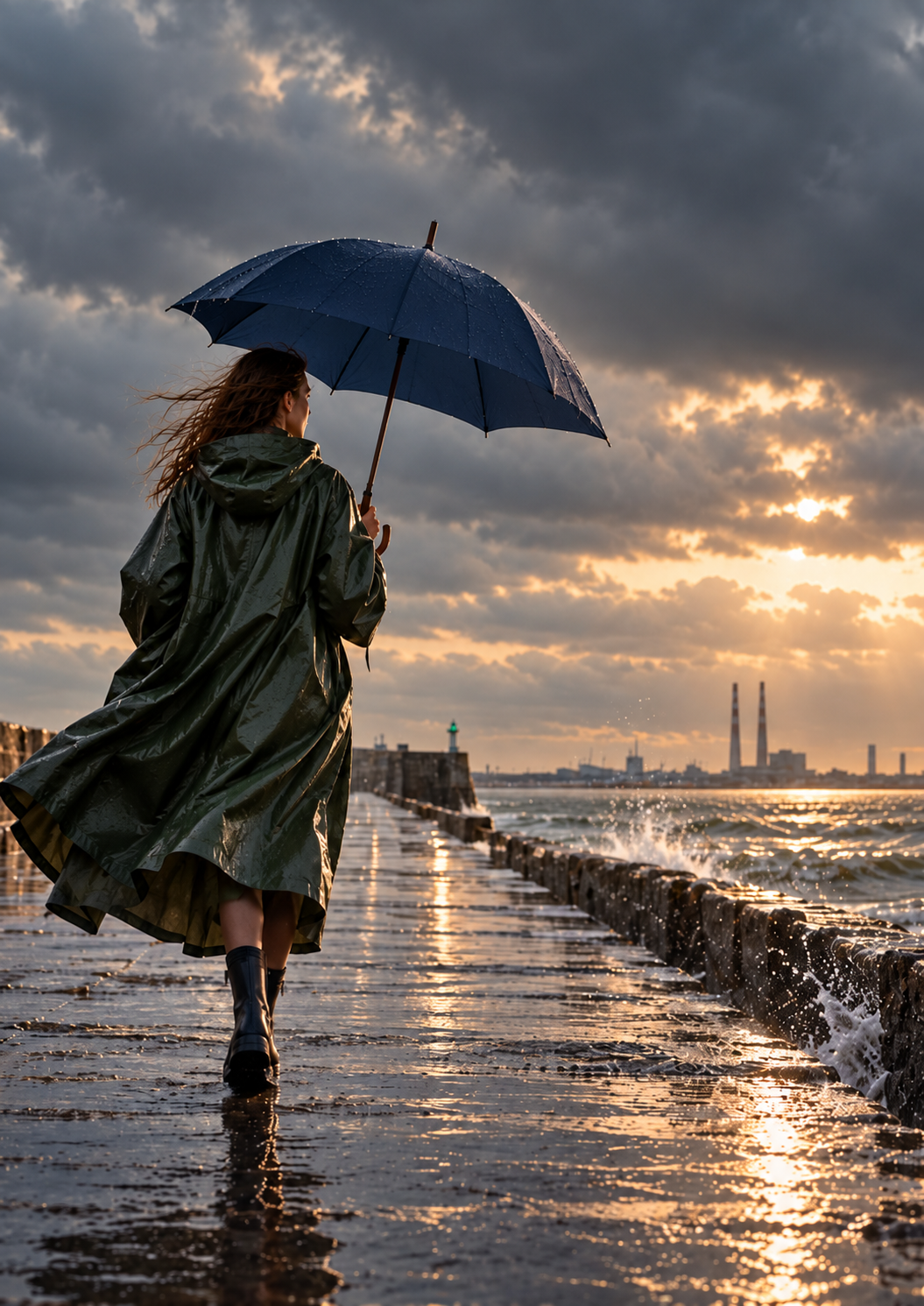A woman in a green rain cape walks the pier beneath a navy umbrella