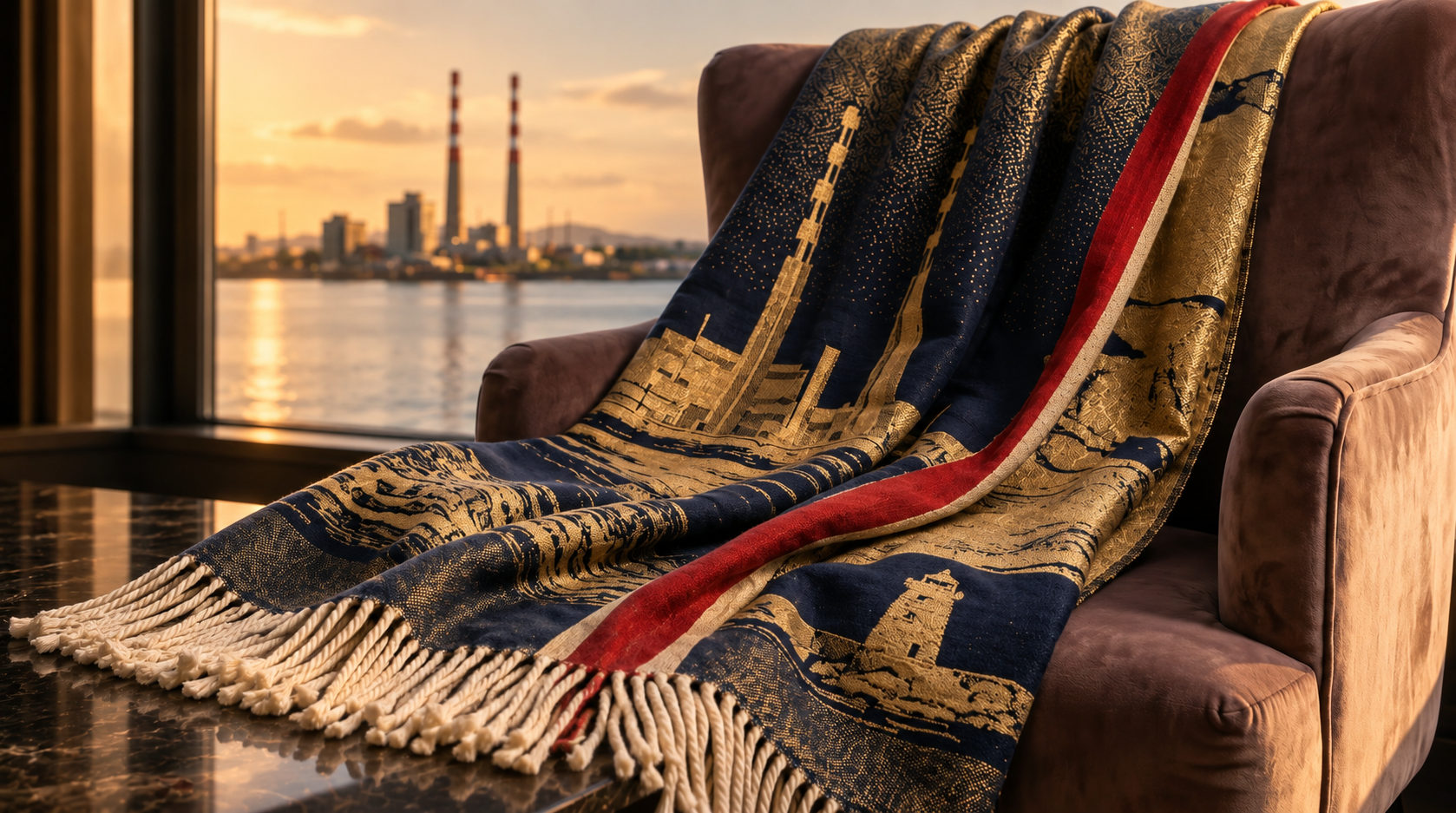 A navy and gold throw showing the Poolbeg chimneys, draped over an armchair by a window on Dublin Bay at golden hour